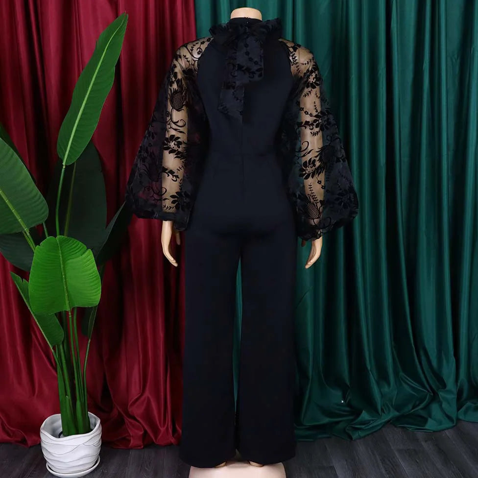 Elegant Jumpsuits & Rompers for Women O Neck Full Sleeve Belt Waisted Straight African Birthday Party Dinner Overalls Clothes OL