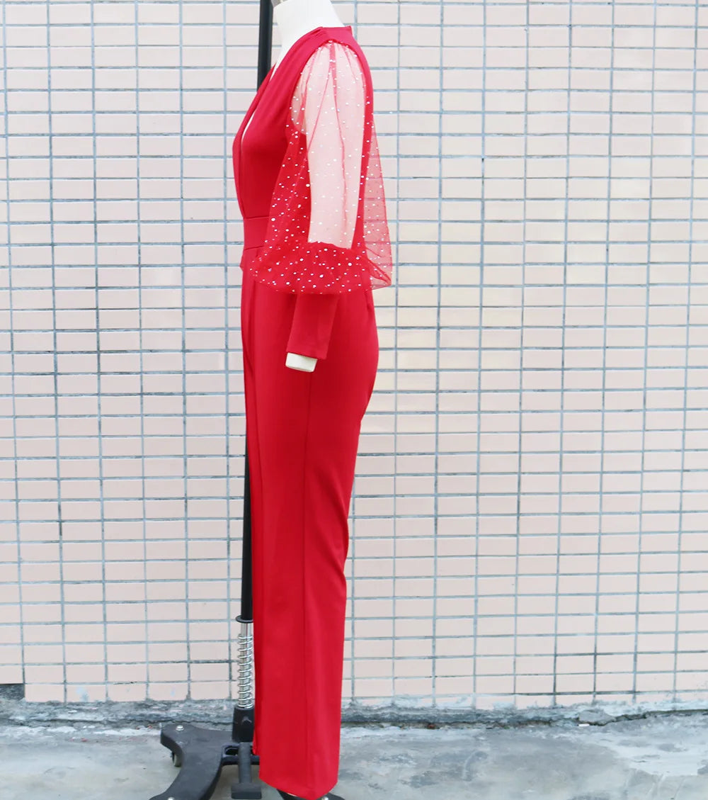 Ladies Elegant Office Jumpsuit Romper For Women 2023 High Waist Wedding Overalls Sequins Bodycon Long Sleeve Party Jumpsuit Club