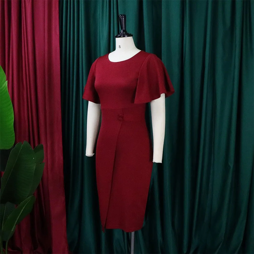 Dress Women Mid Length Dresses Green Slim Ruffles Bodycon Round Neck Short Sleeve Sexy Elegant Party High Waist Vestidos