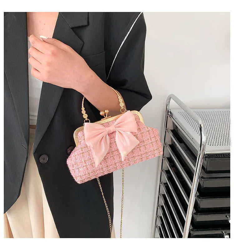 Glittering Chain Plaid Pattern Evening Bag For Women Bow Decor Shoulder Bag, Fashionable Elegant Clutch, Women‘s Crossbody Bag