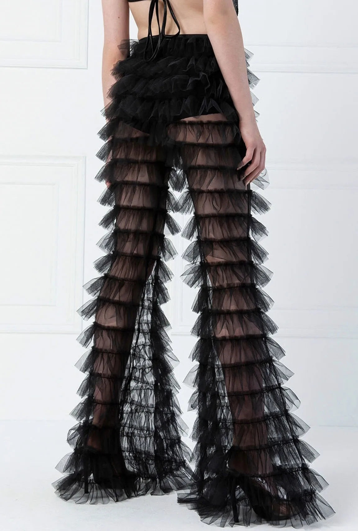 Cryptographic Fashion Tiered Mesh Sheer Flare Pants Rave Festival Outfits for Women Halloween Sexy Pants Streetwear Bottoms