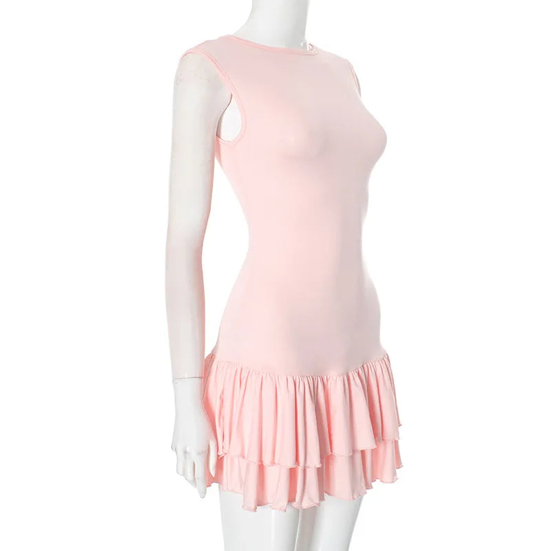 Women's Solid Pleated Short Dress Sleeveless O-neck Fashion Elegant Simple Mini Bodycon Dresses Slim Street Casual Party Holiday