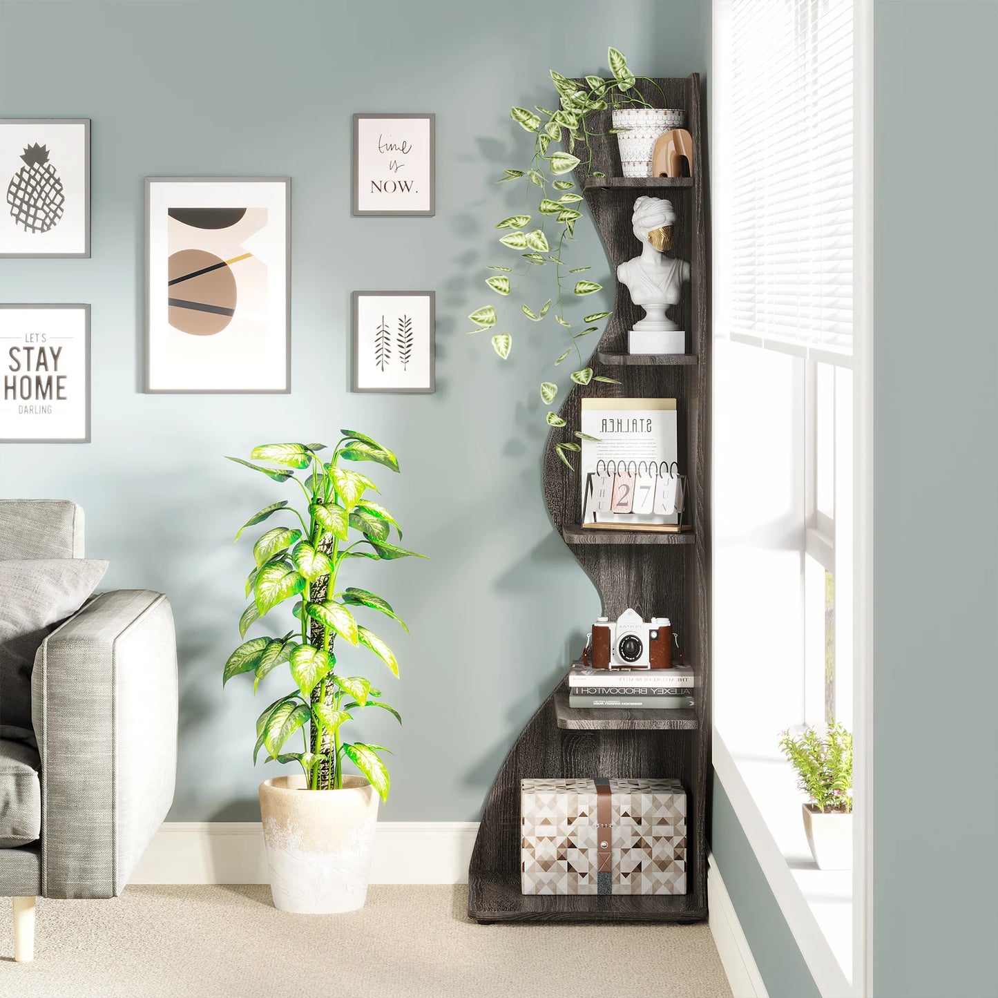 Tribesigns Corner Shelf, Modern 5-Tier Wall Corner Bookshelf, Stylish Corner Small Bookcase Storage Rack Plant Stand