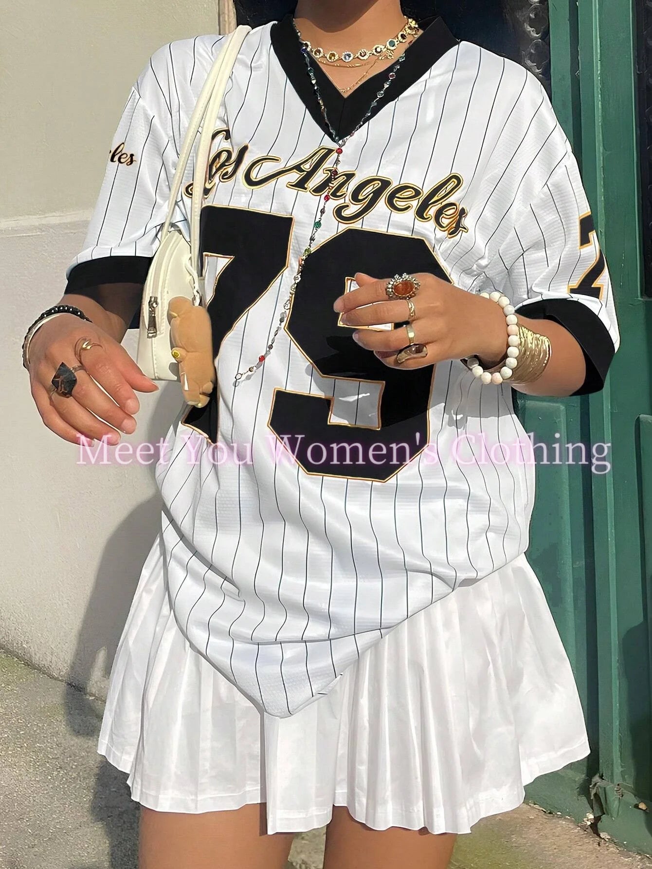 Women Los Angeles Number 79 Print V-Neck Short Sleeve T-Shirt Summer Graphic Tee Baseball Jerseys Stripe Oversized Sport T-Shirt