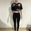 Joskaa Elegant 2 Piece Set Women Sexy Hollow Pin Short Sleeve Crop Tops and Pencil Pants Matching 2025 Summer Party Club Outfits