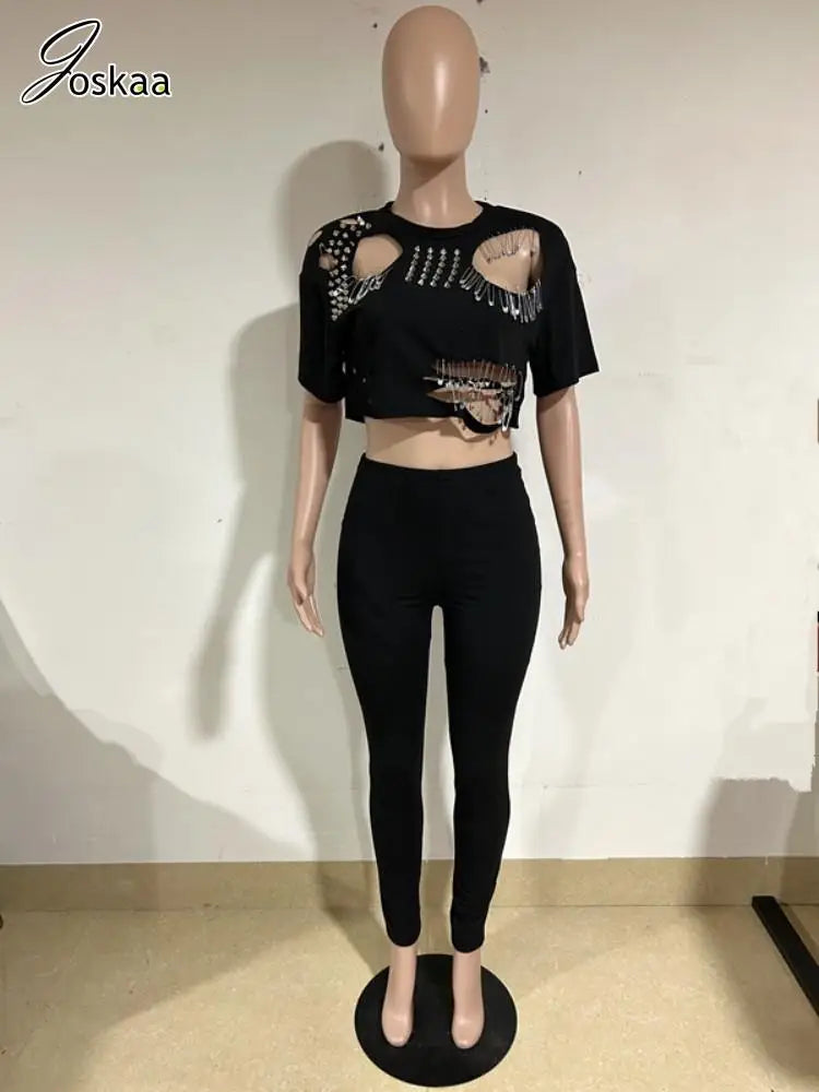 Joskaa Elegant 2 Piece Set Women Sexy Hollow Pin Short Sleeve Crop Tops and Pencil Pants Matching 2025 Summer Party Club Outfits