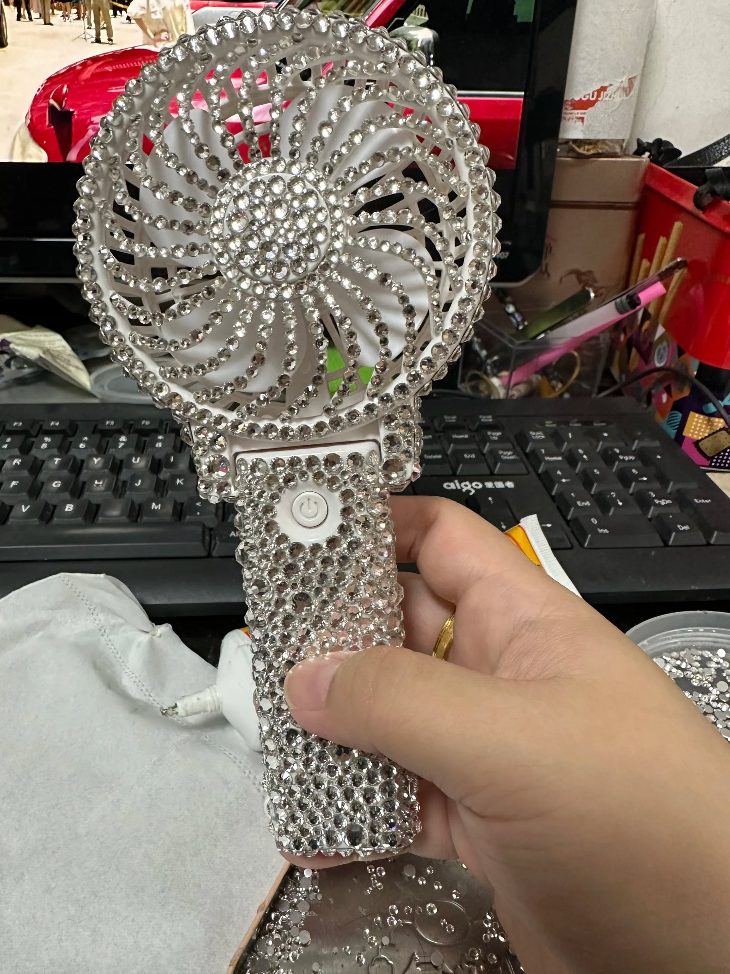 1pc AB/Clear Mixed Crystal Summer Hand Fan,Bling Sparkle Stunning Girls' Photography Party Accessoriess