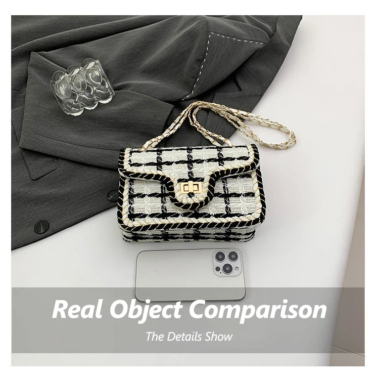 Black & White Plaid Casual Shoulder Bag Crossbody Handbag Women's Shoulder Bags Handbags With Top Handle Fashion Square Bag