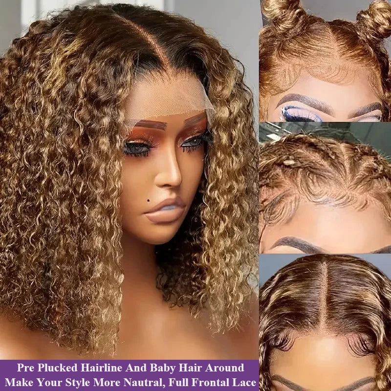13x4 HD Lace Human Hair Short Human Hair Wigs Curly Color 4/27 Highlight Ombre Human Hair Deep Wave Bob Wigs Curly For Women