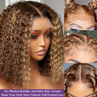 13x4 HD Lace Human Hair Short Human Hair Wigs Curly Color 4/27 Highlight Ombre Human Hair Deep Wave Bob Wigs Curly For Women