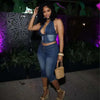 HLJ&GG Blue Fashion Denim Halter Two Piece Sets Women Sleeveless Backless Slim Crop Top And Skinny Jean Pants Outfits Streetwear