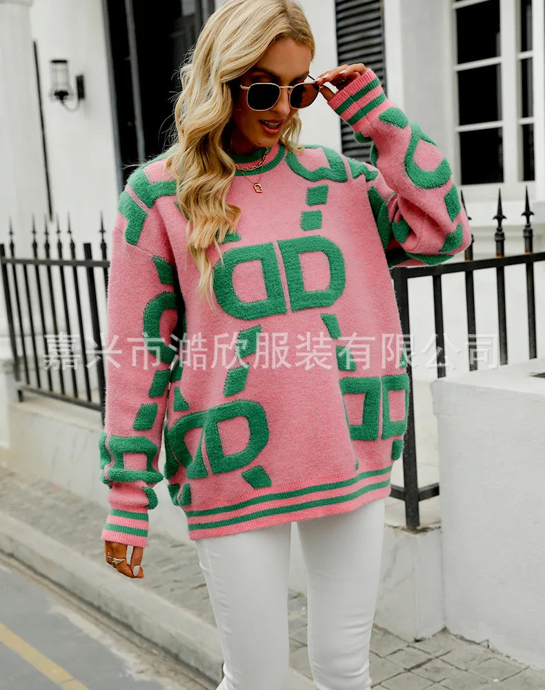 Knitted Sweaters Women 2023 Spring/Autumn Round neck Letter  Embroidery Pullovers Top Temperament casual warm Tee contrast color