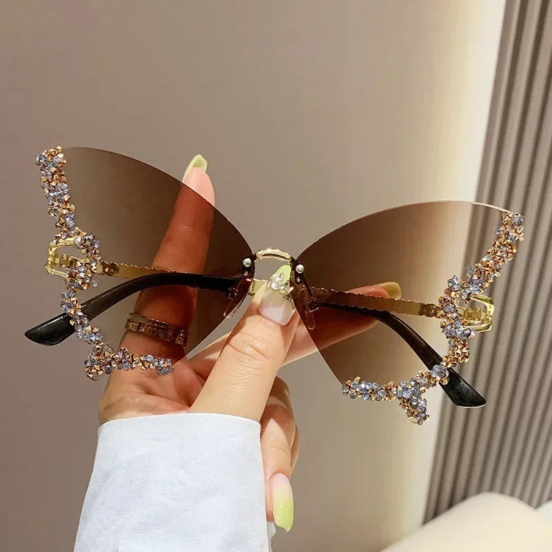 Rimless Sunglasses Women Luxury Brand Rhinestone Sun Glasses Ladies Cute Heart Shape Punk Party Eyewear очки від сонця женские