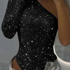 2025 Spice Girls Sexy Sequin Top One-Shoulder Tight Rhinrhinone Solid Color Silver One-Piece Fashion Party Nightclub Summer Top
