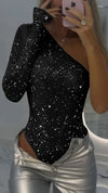 2025 Spice Girls Sexy Sequin Top One-Shoulder Tight Rhinrhinone Solid Color Silver One-Piece Fashion Party Nightclub Summer Top