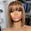 QVR 180 Density Full Machine Wig Highlight Brown Colored Bone Straight Human Hair Bob Wigs QVR Human Hair With Bangs For Women