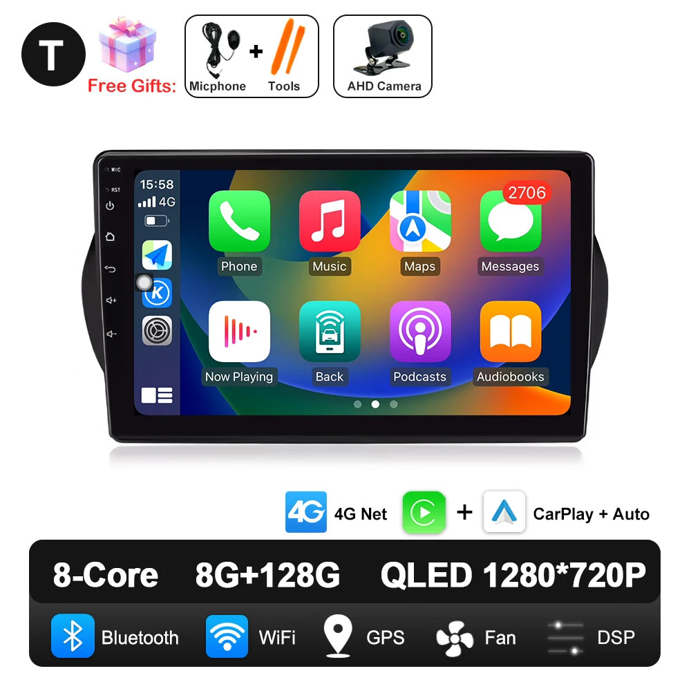 Android 14 For Fiat Fiorino Qubo Citroen Nemo Peugeot Bipper 2008 - 2017 Carplay Auto QLED Screen 4G Car Radio Multimedia Player