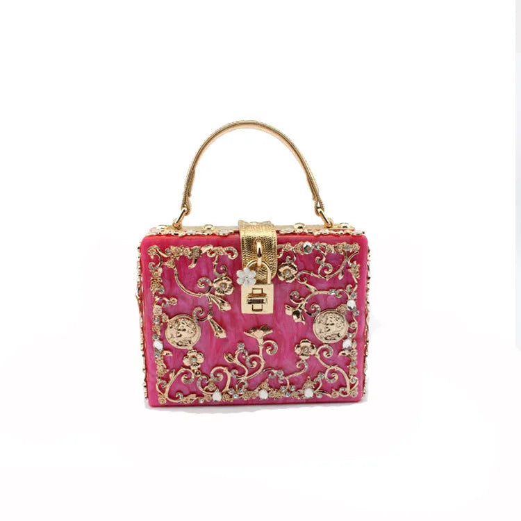 High-Grade crystal Evening Bag Female New Hollow Out Metal Carved Flower Diamond Handbag Box Fashion Chic Shoulder Crossbody Bag
