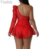 Women Sexy Solid Color One Shoulder Ruffles Decor Skinny Rompers Backless Playsuits with Belt