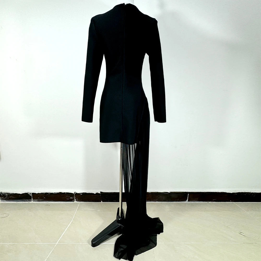 GPBD Sexy Bead Appliques Irregular High Low Dress Black Long Sleeved O-Neck Long Dresses Autumn Clothes Women 2024