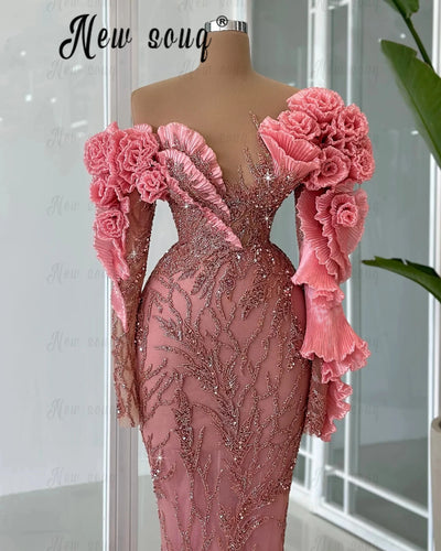 Pink Beaded Mermaid Evening Dress Long Formal Luxury Wedding Party Gowns 2025 Arabic For Black Girls Ceremony Prom Dresses
