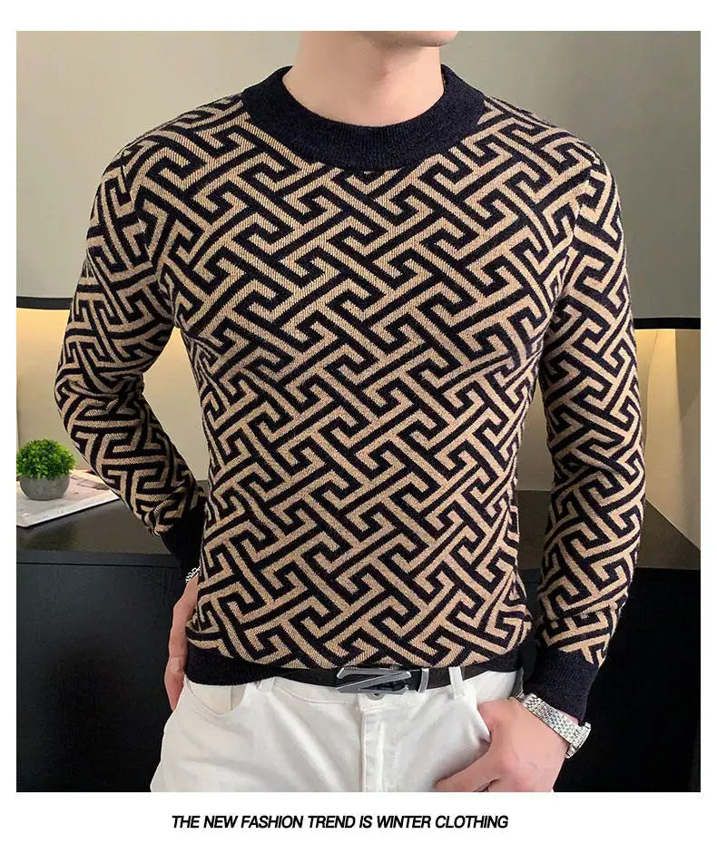 Autumn Winter Velvet Knitted Sweater Men's Long Sleeve Round Necked Sweater Slim Fit Casual Business Knitwear Tops Men Clothing