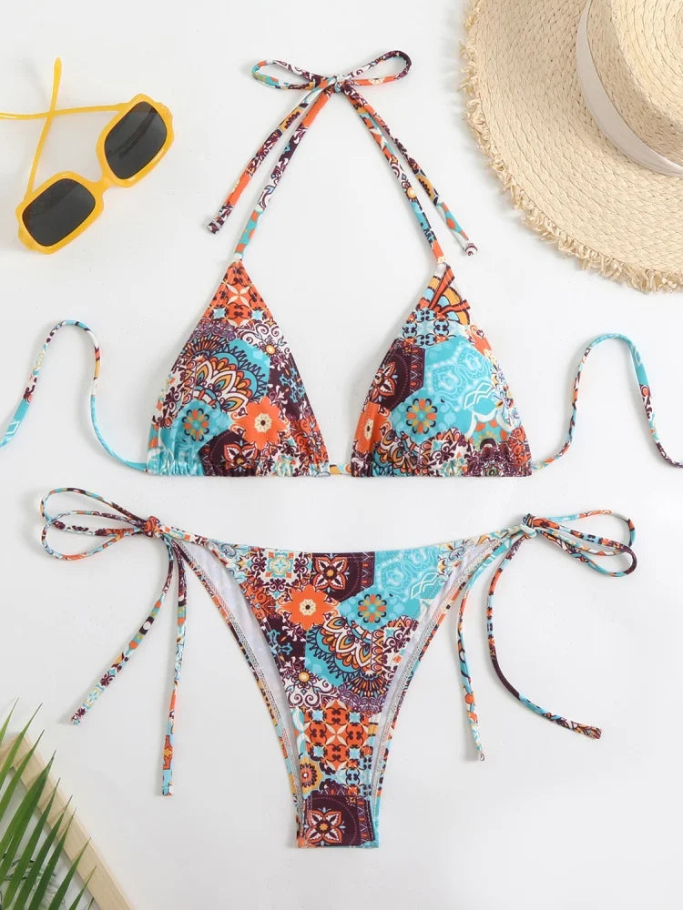 Bikini Women Swimsuit 2025 New Print Halter Bikinis Set Sexy Thong Swimwear Summer Two Piece Backless Beach Bathing Suit Female