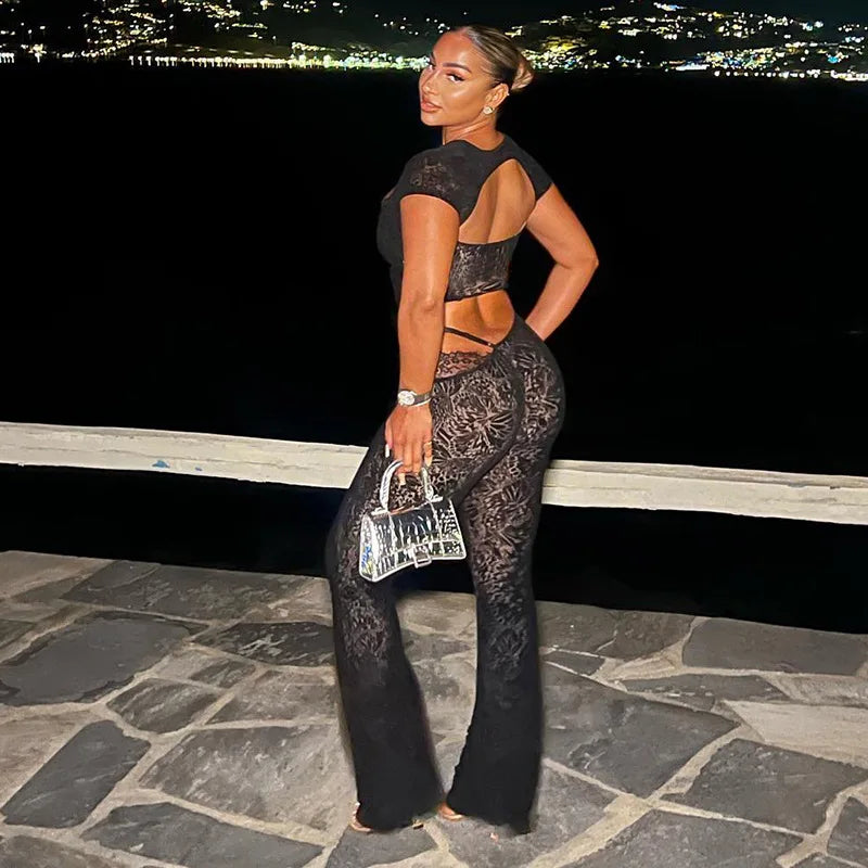 FAGADOER Sexy Lace See Through 2 Piece Sets Woman Outfit Hollow Out Crop Top + Flare Pants Female Y2K Streetwear Summer Spring