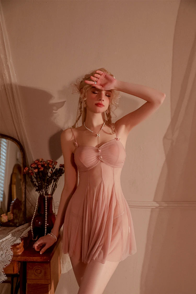 Sexy Elegant Lingerie Nightgowns Perspective Women Elegant Nightwear Lace Trim Sleepwear Woman Sleeveless Suspender Nightdress