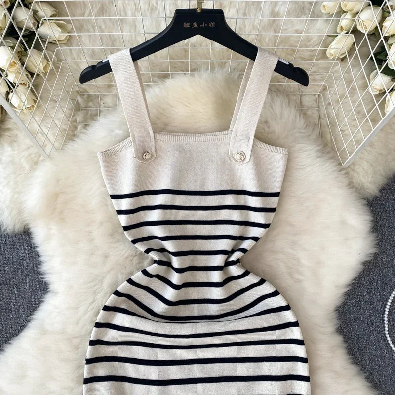 Striple 2024 Sexy Summer Knit Strap Dress Women Tank Elatic Waist Bodycon Sundress Female Beach  Backless Midi Dress