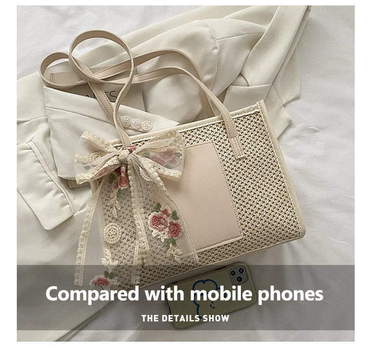 Trendy Lightweight Casual Bow Decor Straw Bag Hollow Out Knitted Flower Tote Bag Large Capacity Shoulder Bag For Teen Girl Women