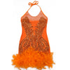 Bodycon Women Backless Lace Up Halter See Through Sequins Mesh Patchwork Sexy Party Dress Feather Hem Fashion Night Club Dress