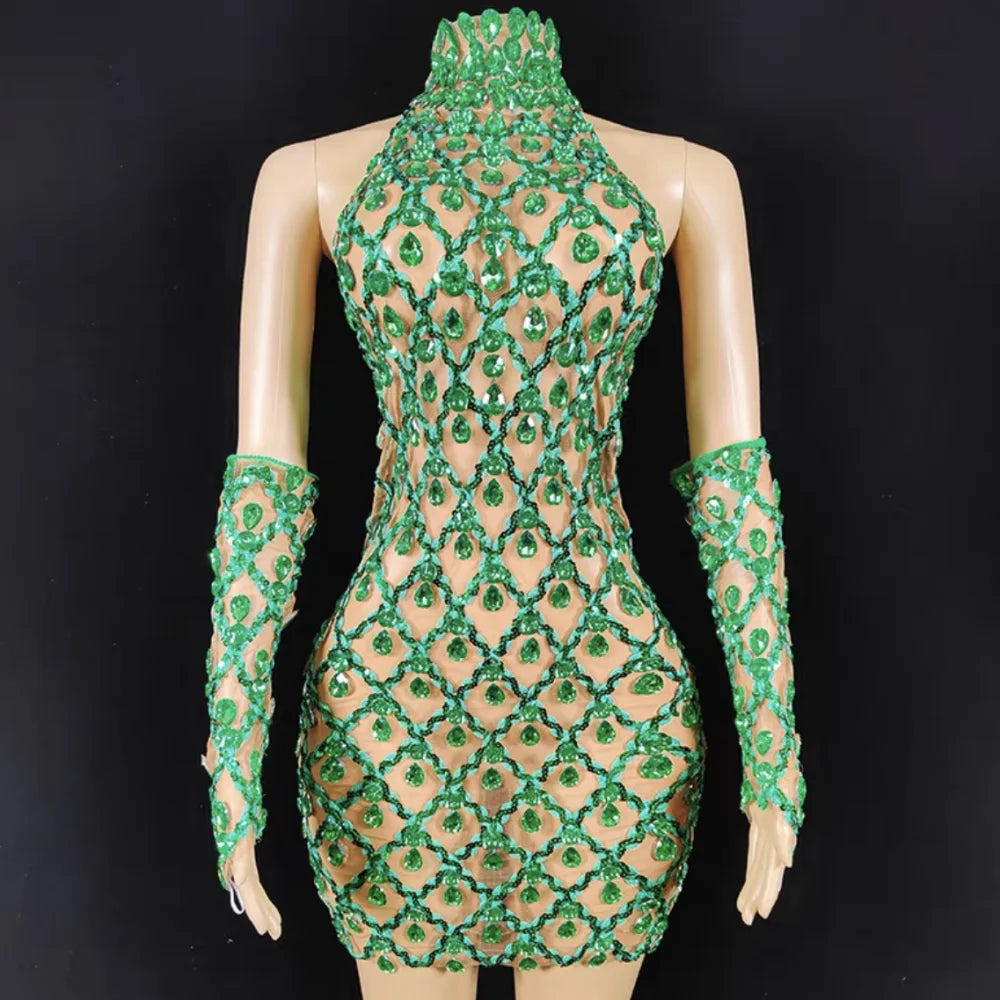 High Quality Sparkling Rainestone Sexy Bodycon Mini Dress Birthday Celebrate Evening Party Dress