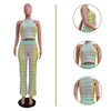 Knitted Striped 2 Piece Sets Women Outfit Summer Beach Vacation Sleeveless Crop Top and Flare Pants Matching Sets Club Party