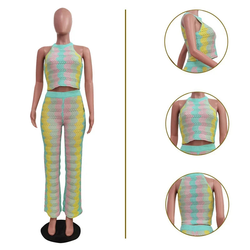 Knitted Striped 2 Piece Sets Women Outfit Summer Beach Vacation Sleeveless Crop Top and Flare Pants Matching Sets Club Party