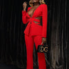 Modphy Red Sexy V-neck Long Sleeve Jacket+High Waist Flare Pants Blazer Set Women'S 2025 New Hollow Out Designer Two-Piece Set