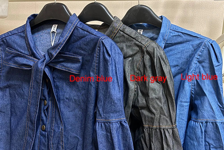 Gymystars New Trendy Imitation Denim Blouse Tops for Women Long Puff Sleeves Bow-Embellished High Neck Women's Autumn Shirts