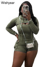 Women's Knitted Ribbed Cargo Pocket Playsuits with Hooded Long Sleeve Top Outfits Jumpsuits Shorts Overalls Birthday Clubwear