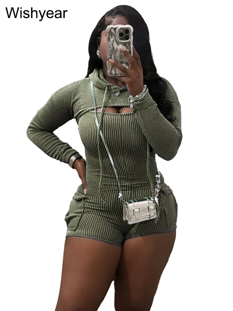 Women's Knitted Ribbed Cargo Pocket Playsuits with Hooded Long Sleeve Top Outfits Jumpsuits Shorts Overalls Birthday Clubwear