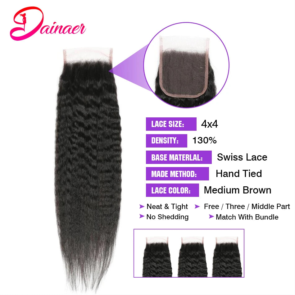 Kinky Straight Human Hair 3 Bundles With Closure Yaki Straight Hair Bundles With 4x4 Closure Human Hair Bundles With Closure