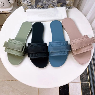 High quality explosive letter nylon buckle fashionable internet red flat bottom flip flops casual anti slip women's slippers Kor