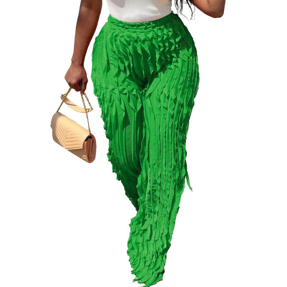 Women Pleated Ruffle Wide Leg Loose Pants Summer Female Mesh Wave Striped Full Trousers FDYFFZC-Y1260