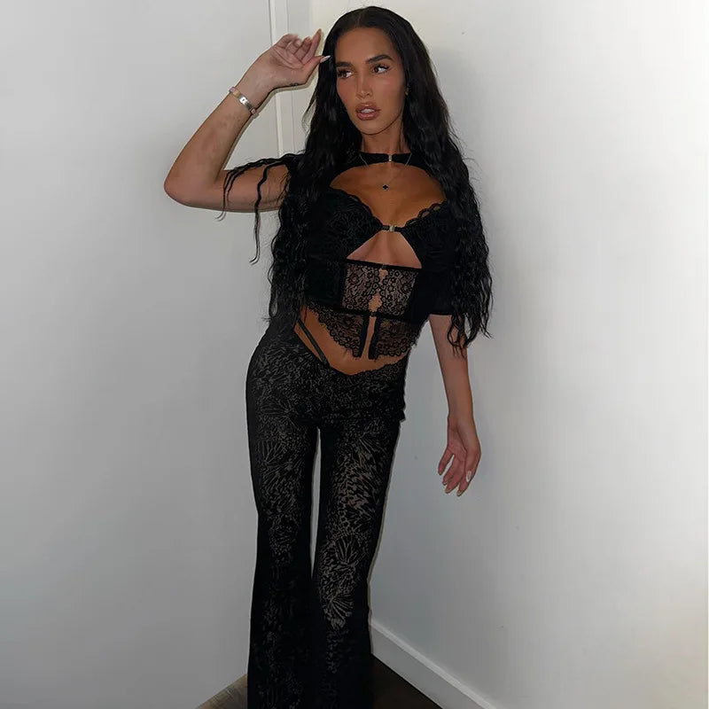FAGADOER Sexy Lace See Through 2 Piece Sets Woman Outfit Hollow Out Crop Top + Flare Pants Female Y2K Streetwear Summer Spring
