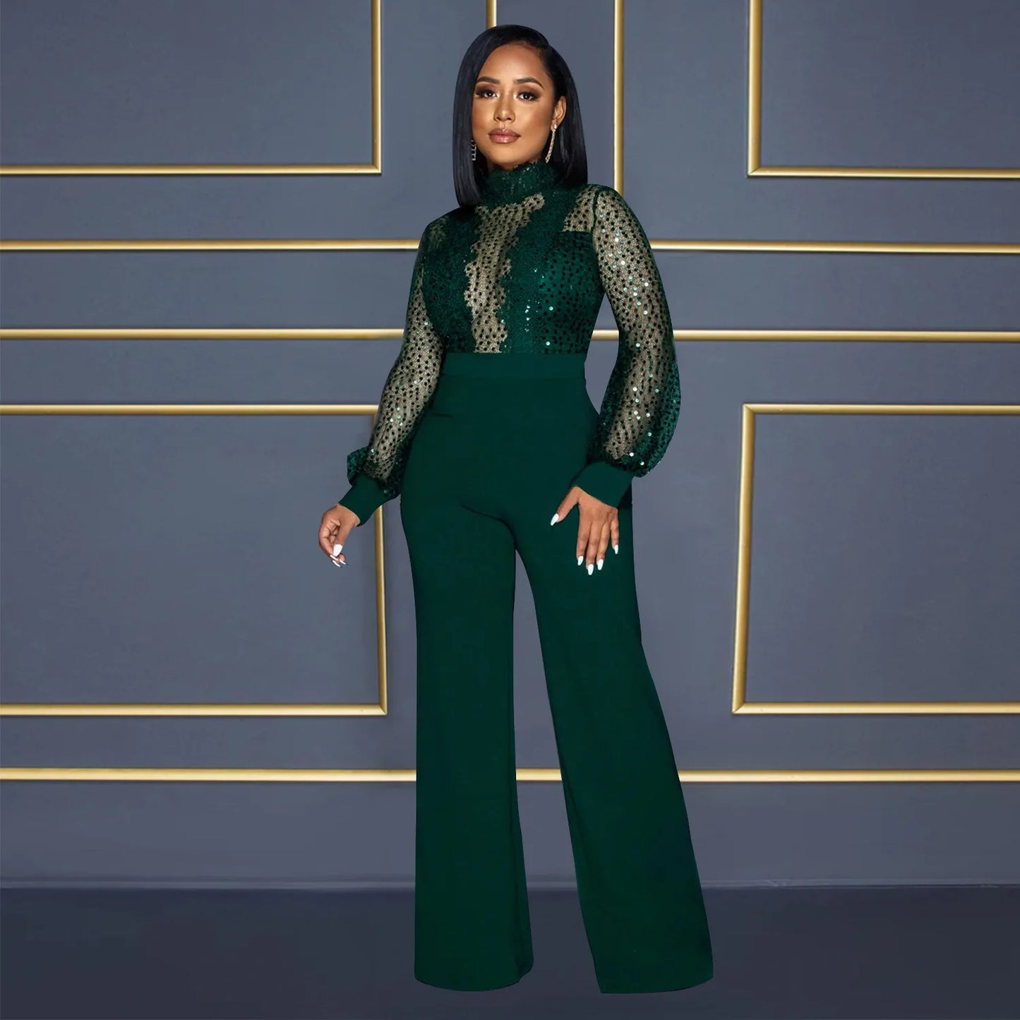 Fashion Women's Clothing Hollow Long-sleeved Loose Wide Leg Jumpsuits Overall Pants Solid Color Sexy Lace
