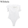 Willshela Women Fashion Ribbed Bodysuit With Organza Ruffle Vintage High Elastic Sexy y2k Female Chic Lady Tops body femme