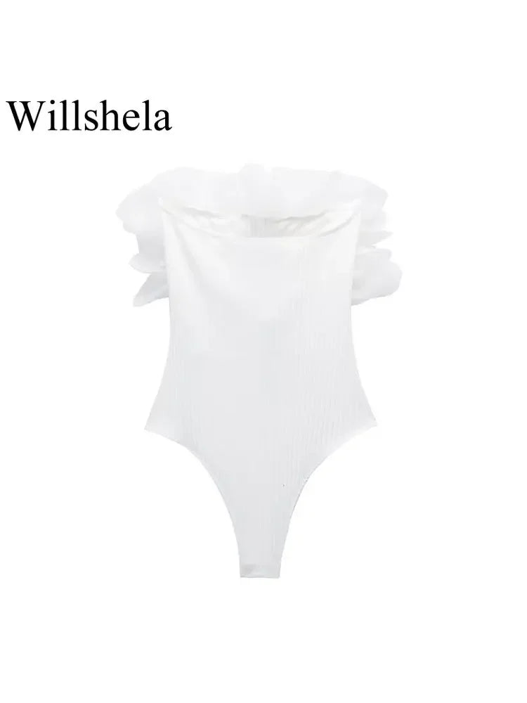 Willshela Women Fashion Ribbed Bodysuit With Organza Ruffle Vintage High Elastic Sexy y2k Female Chic Lady Tops body femme
