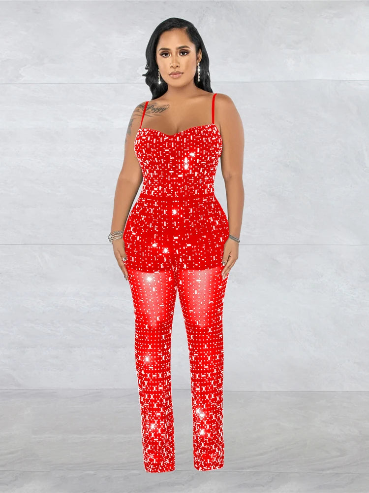 HBLL Women Club Outfits Spaghetti Strap Bodycon Jumpsuits Sparkly Rhinestone Romper Birthday Night Out One Piece Clubwear