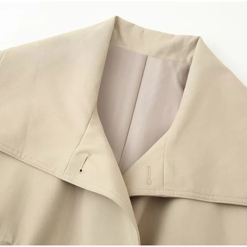 Fashion Belt Short Trench Coat Women Stand Collar Double Breasted Pocket Long Sleeve Coats 2025 Autumn Lady Commute Chic Outwear