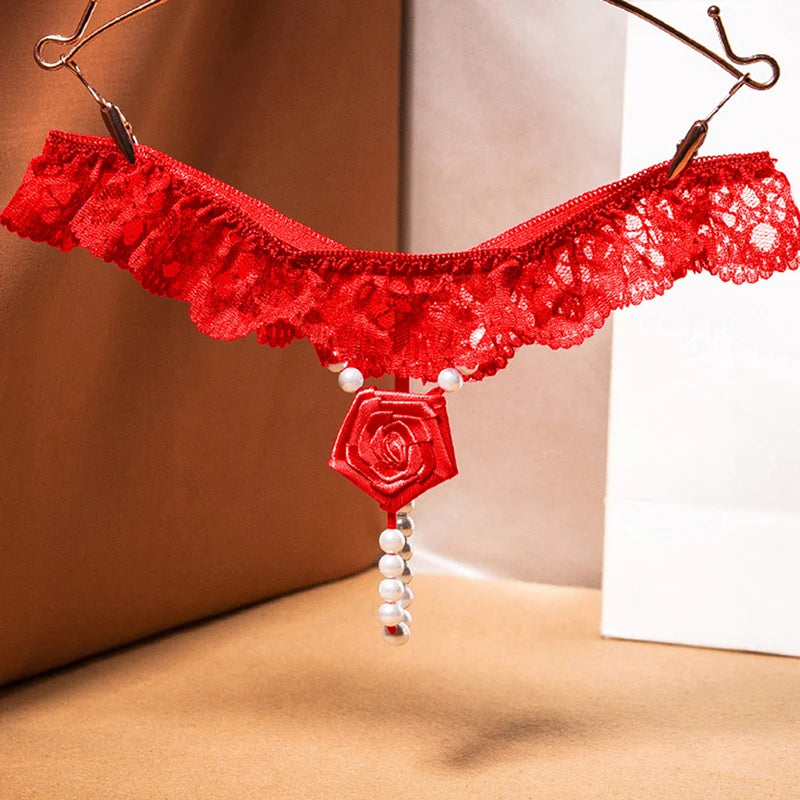 New Pearls Rose Embellishment Thong Embroidery Panries Women's Sexy Ultra-thin G-string Low-waist Beaded Temptation Underwear