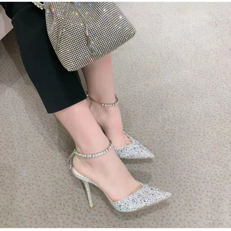 Luxury Crystal Sequined Women Pumps Elegant Thin High heels Spring Summer Fashion Chains Party Shoes Sexy Wedding Bridal Shoes